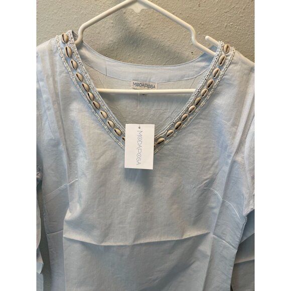 Modaposa Beach Tunic Top w/ Cowrie Shells | Light Blue Cotton Summer Cover Up - Picture 6 of 8